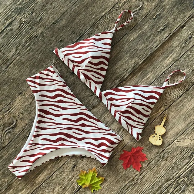 2019 Snake Print Thong Push Up High Waist Bikini Set