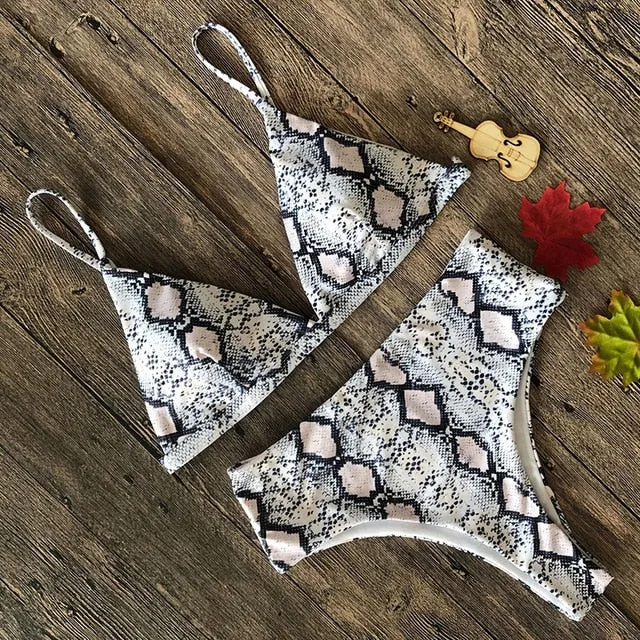 2019 Snake Print Thong Push Up High Waist Bikini Set
