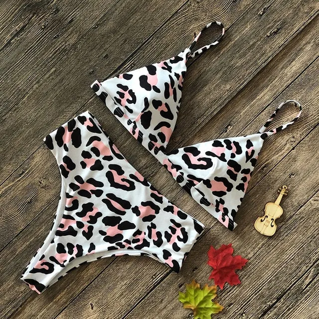 2019 Snake Print Thong Push Up High Waist Bikini Set