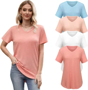 4 Pack Womens Tops Basic Summer V Neck T Shirts Short Sleeve Tshirts Shirts Casual Loose Fit Tops 2025 Trendy Clothes