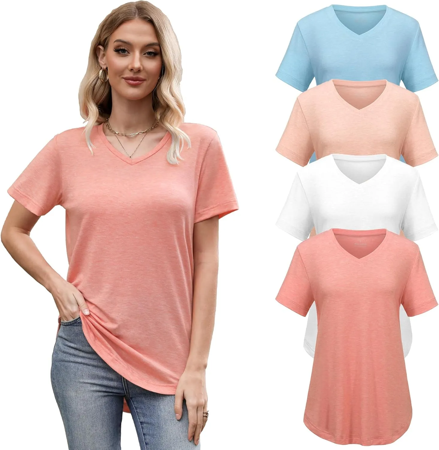 4 Pack Womens Tops Basic Summer V Neck T Shirts Short Sleeve Tshirts Shirts Casual Loose Fit Tops 2025 Trendy Clothes