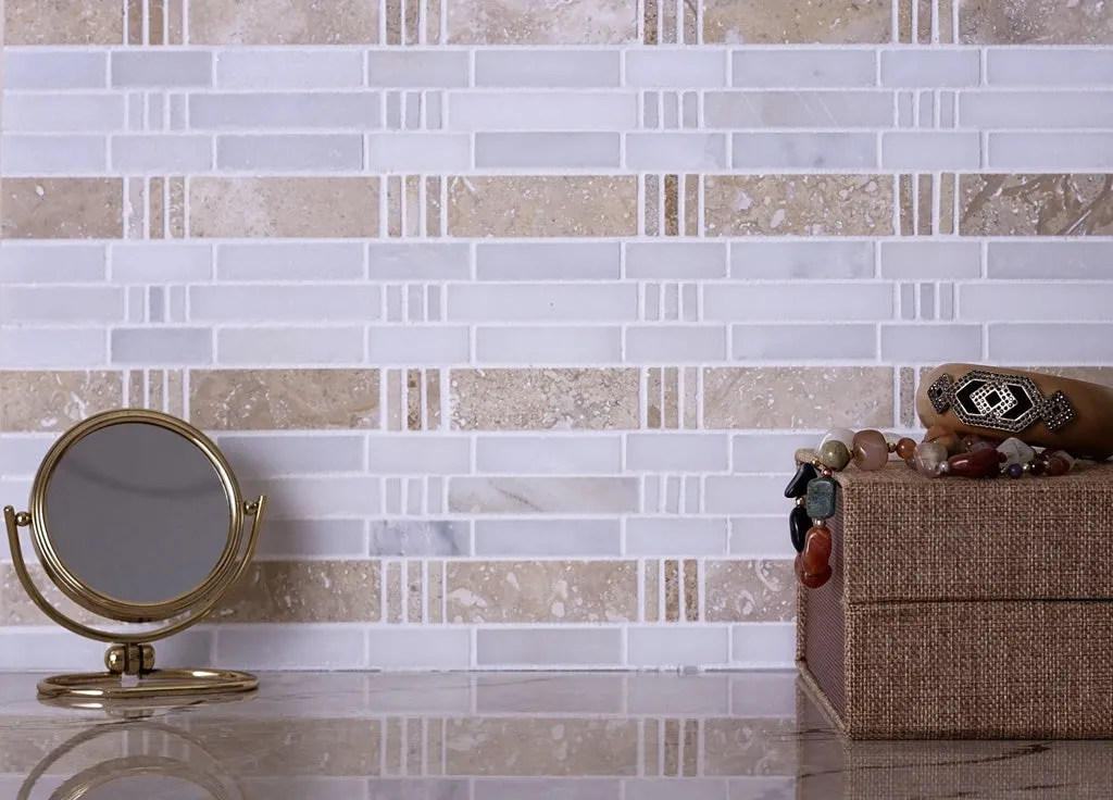 5 pack Beige and White 12 in. x 12 in. Bamboo Polished Marble Mosaic Tile (5.00 sq ft/case)