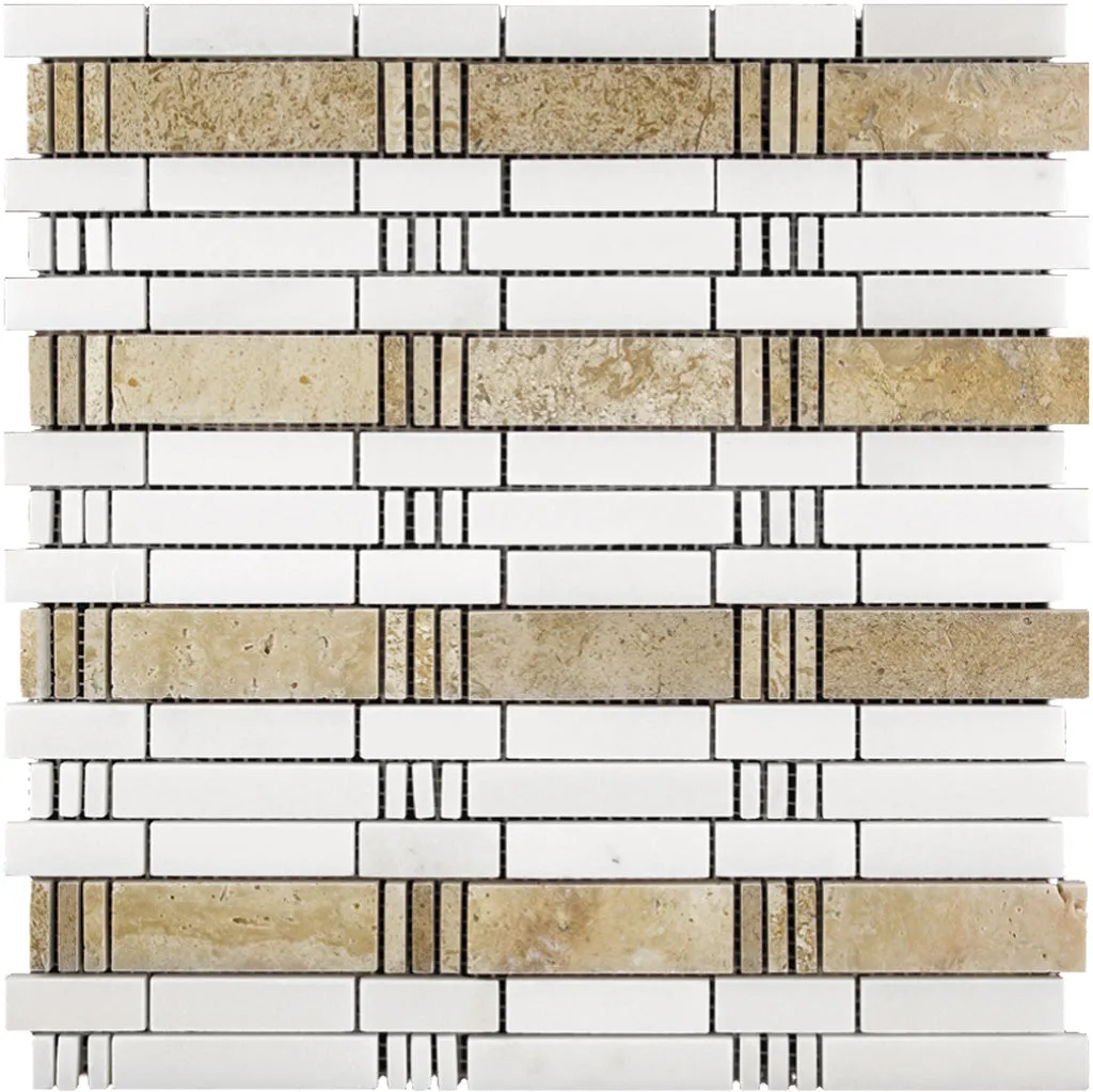 5 pack Beige and White 12 in. x 12 in. Bamboo Polished Marble Mosaic Tile (5.00 sq ft/case)