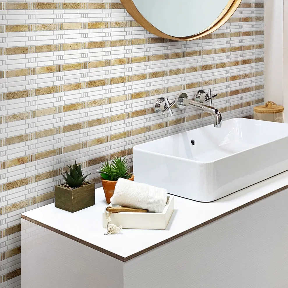 5 pack Beige and White 12 in. x 12 in. Bamboo Polished Marble Mosaic Tile (5.00 sq ft/case)