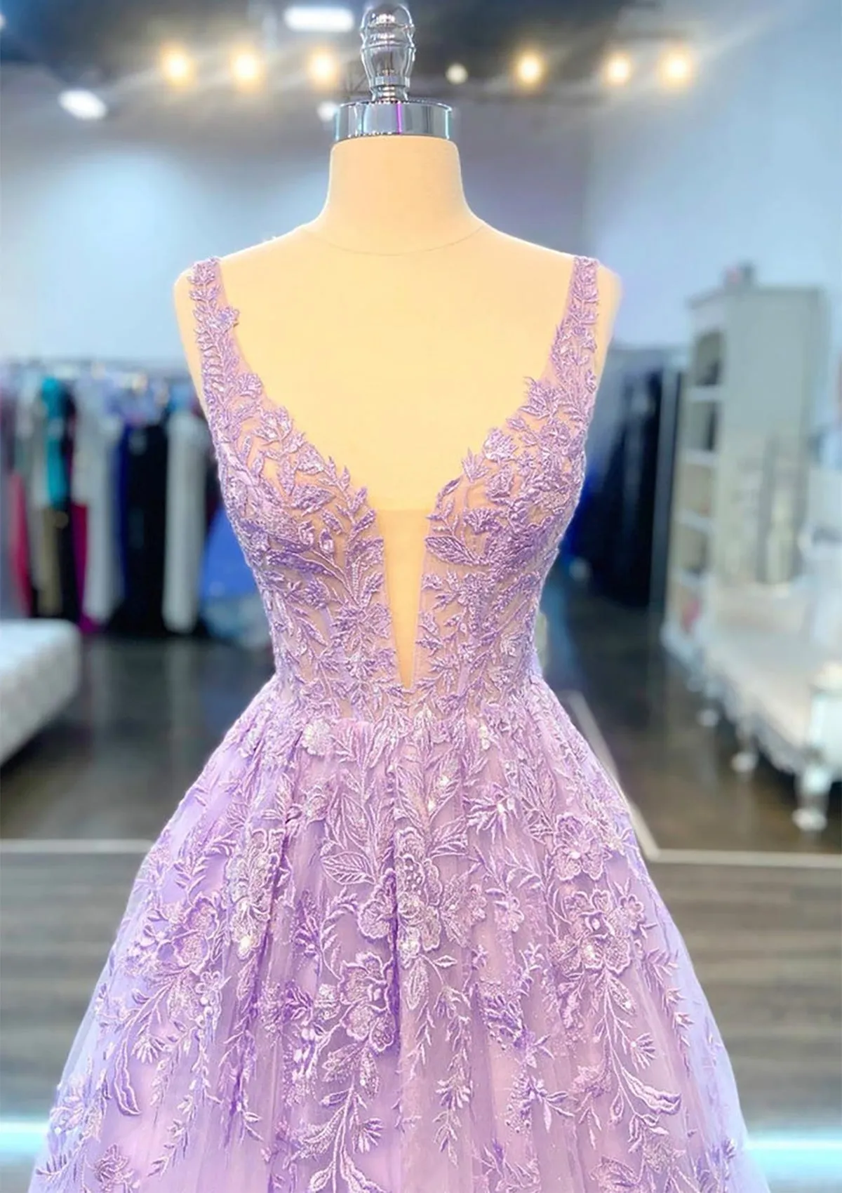 A-line Lace Prom Gown Plunging Sleeveless Floor-Length Lilac Beading