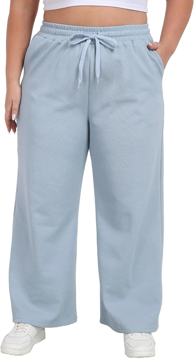 A-Wintage Women's Plus Size Wide Leg Sweatpants Elastic Waist Baggy Drawstring Lounge Pants with Pockets