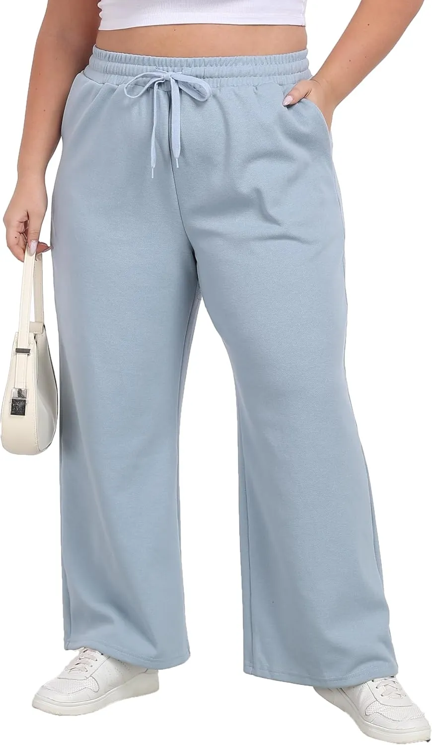 A-Wintage Women's Plus Size Wide Leg Sweatpants Elastic Waist Baggy Drawstring Lounge Pants with Pockets