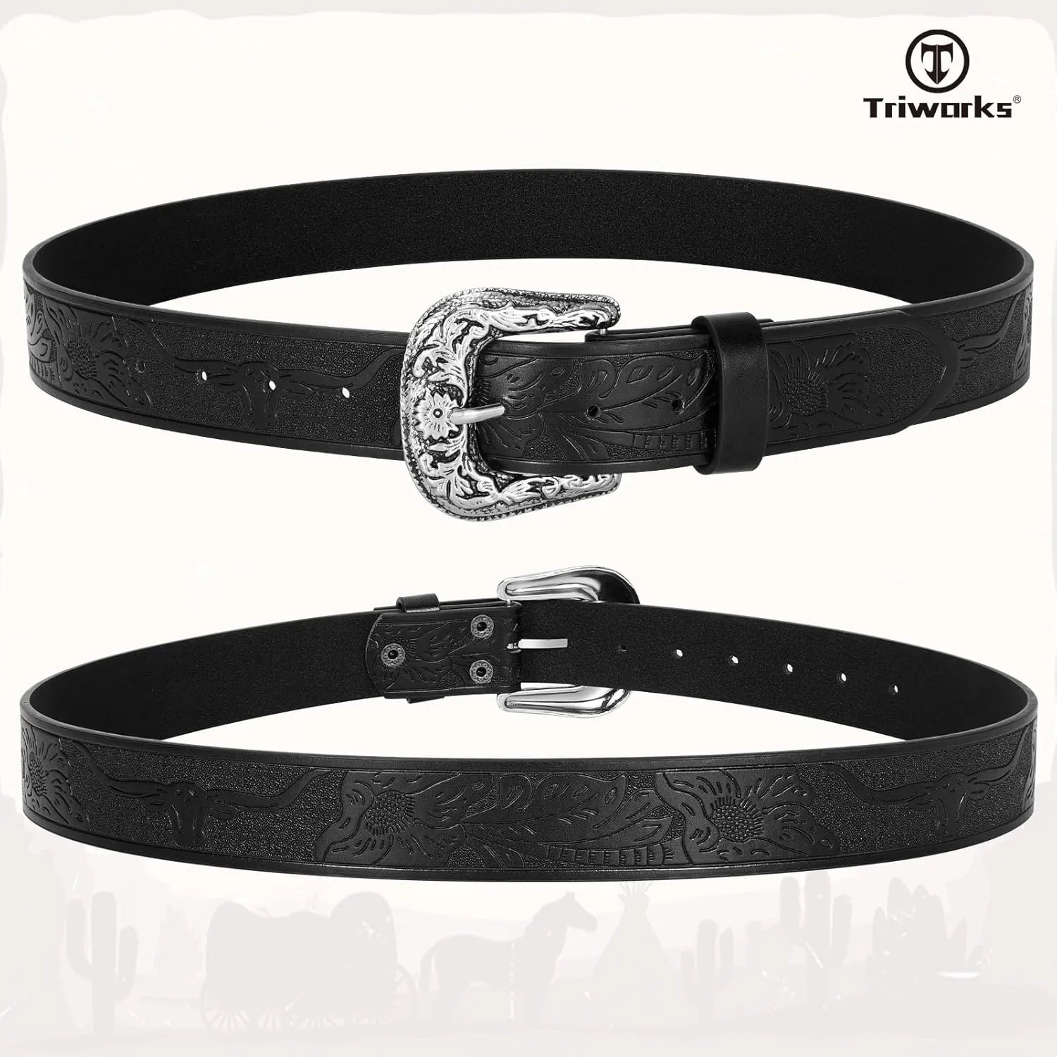 Adjustable Vintage Western Belts for Women Men Cowboy Cowgirl Belt Engraved Buckle Belt for Jeans Pants Dresses