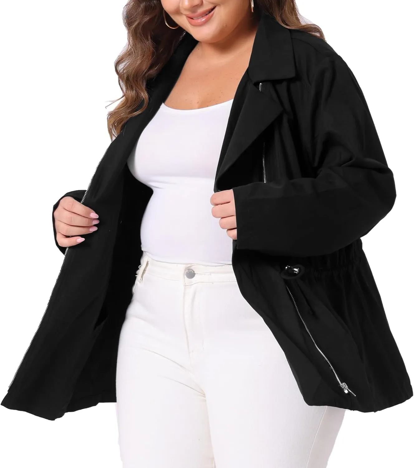 Agnes Orinda Plus Size Anorak Jackets for Women Drawstring Waist Trench Coat Utility Jacket with Pockets
