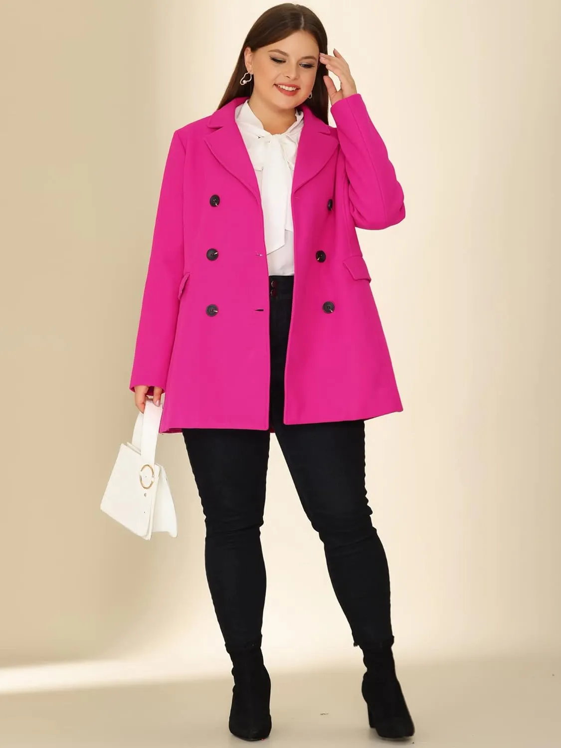 Agnes Orinda Women's Plus Size Notched Lapel Double Breasted Long Coat