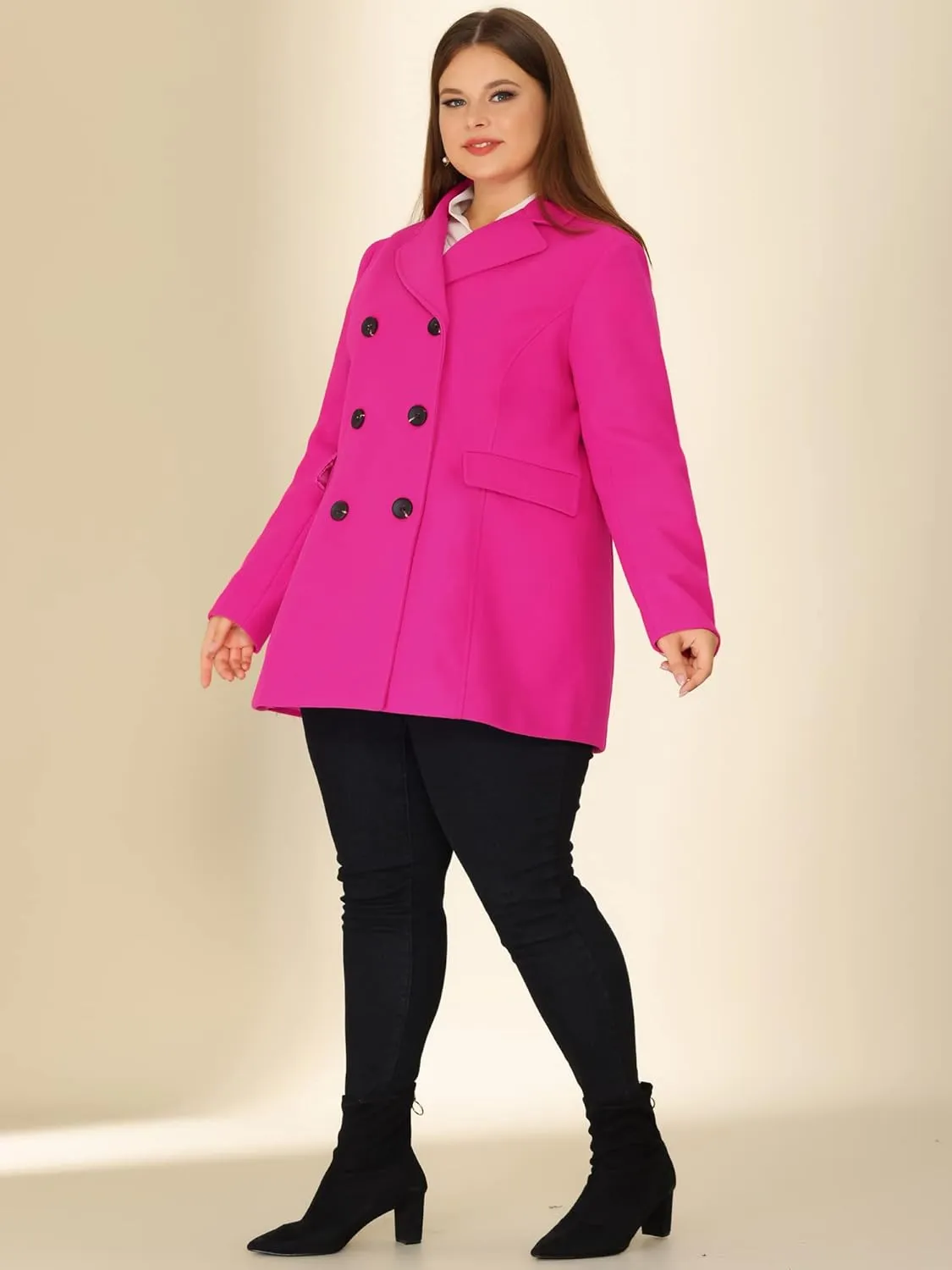 Agnes Orinda Women's Plus Size Notched Lapel Double Breasted Long Coat