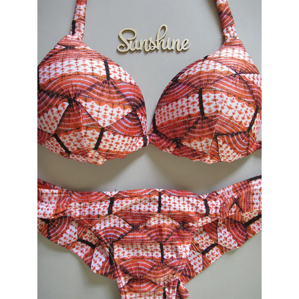 Agua Doce Shangri La Orange and Black Fan Print Molded Bikini