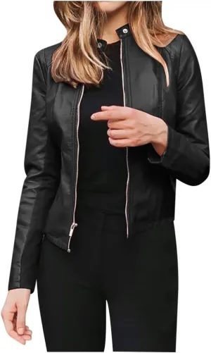 aihihe Womens Faux Leather Moto Biker Jacket with Pockets Slim Fit Vintage Zip Up Lightweight Short Jacket Pu Coats