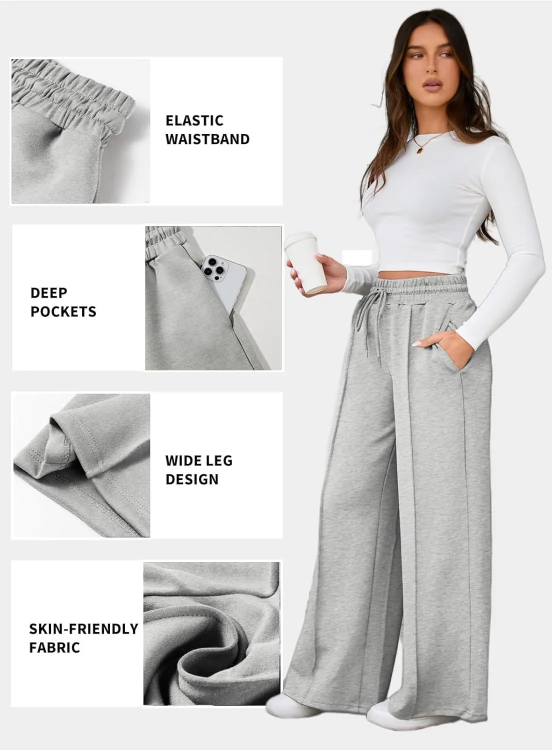 Aleumdr Women's High Waisted Drawstring Waist Wide Leg Sweatpants with Pockets Casual Loose Yoga Pants