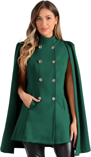 Allegra K Cape Coats for Women's Winter Slit Sleeve Double Breasted Cloak Coat