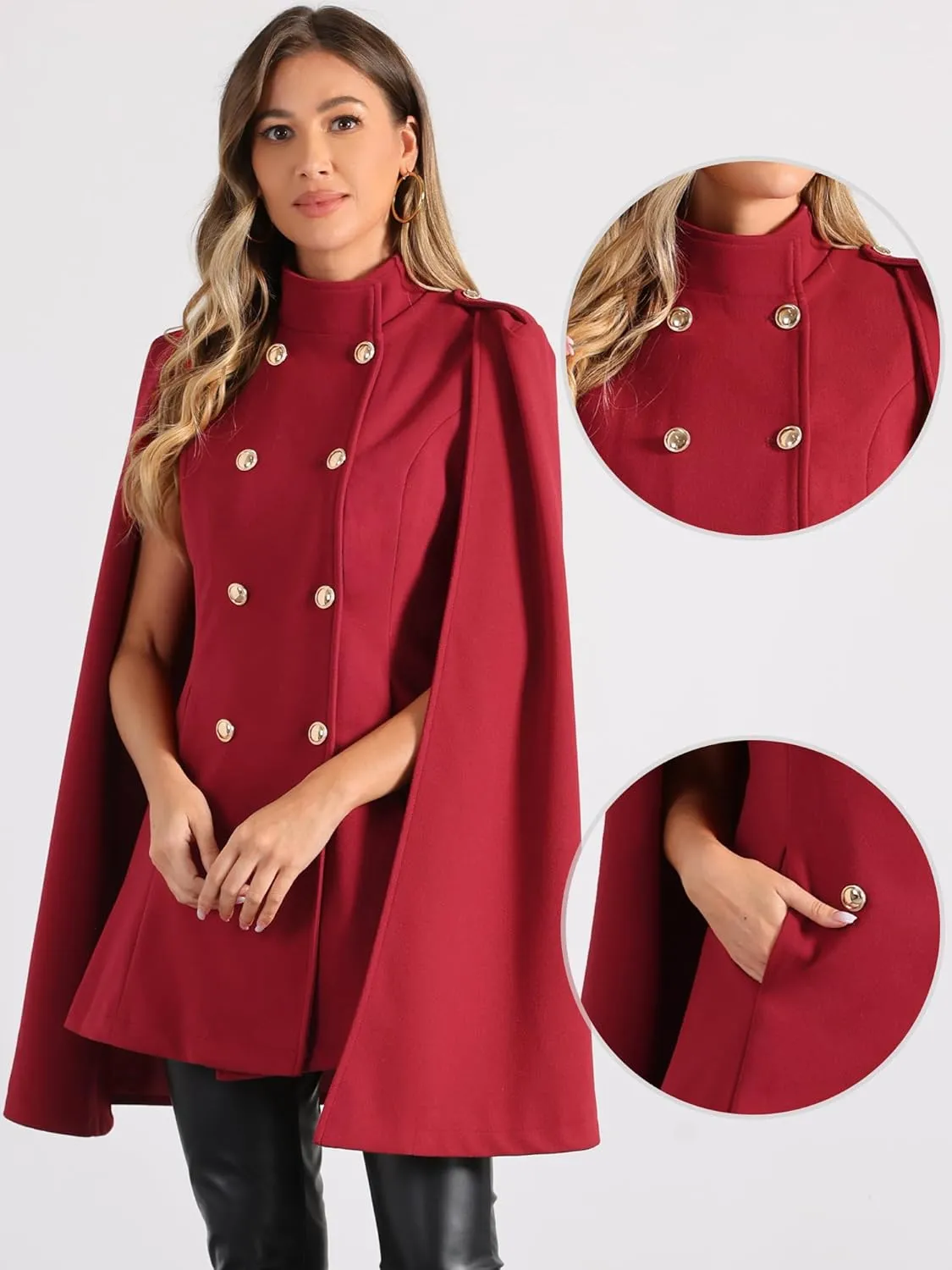 Allegra K Cape Coats for Women's Winter Slit Sleeve Double Breasted Cloak Coat