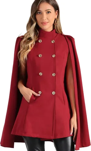 Allegra K Cape Coats for Women's Winter Slit Sleeve Double Breasted Cloak Coat