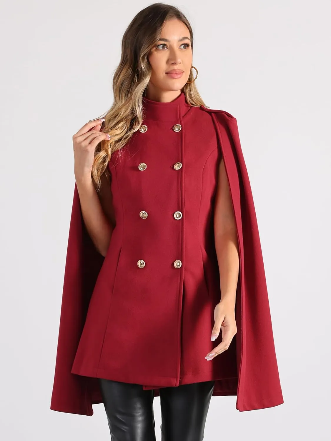 Allegra K Cape Coats for Women's Winter Slit Sleeve Double Breasted Cloak Coat