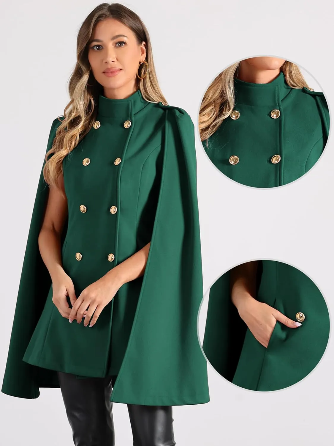 Allegra K Cape Coats for Women's Winter Slit Sleeve Double Breasted Cloak Coat