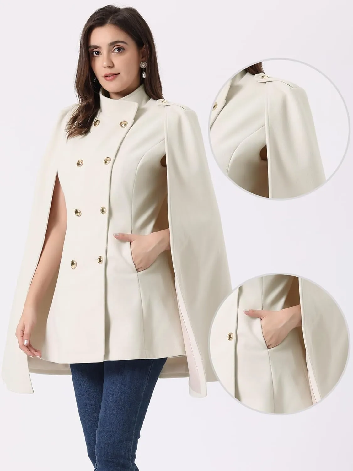 Allegra K Cape Coats for Women's Winter Slit Sleeve Double Breasted Cloak Coat