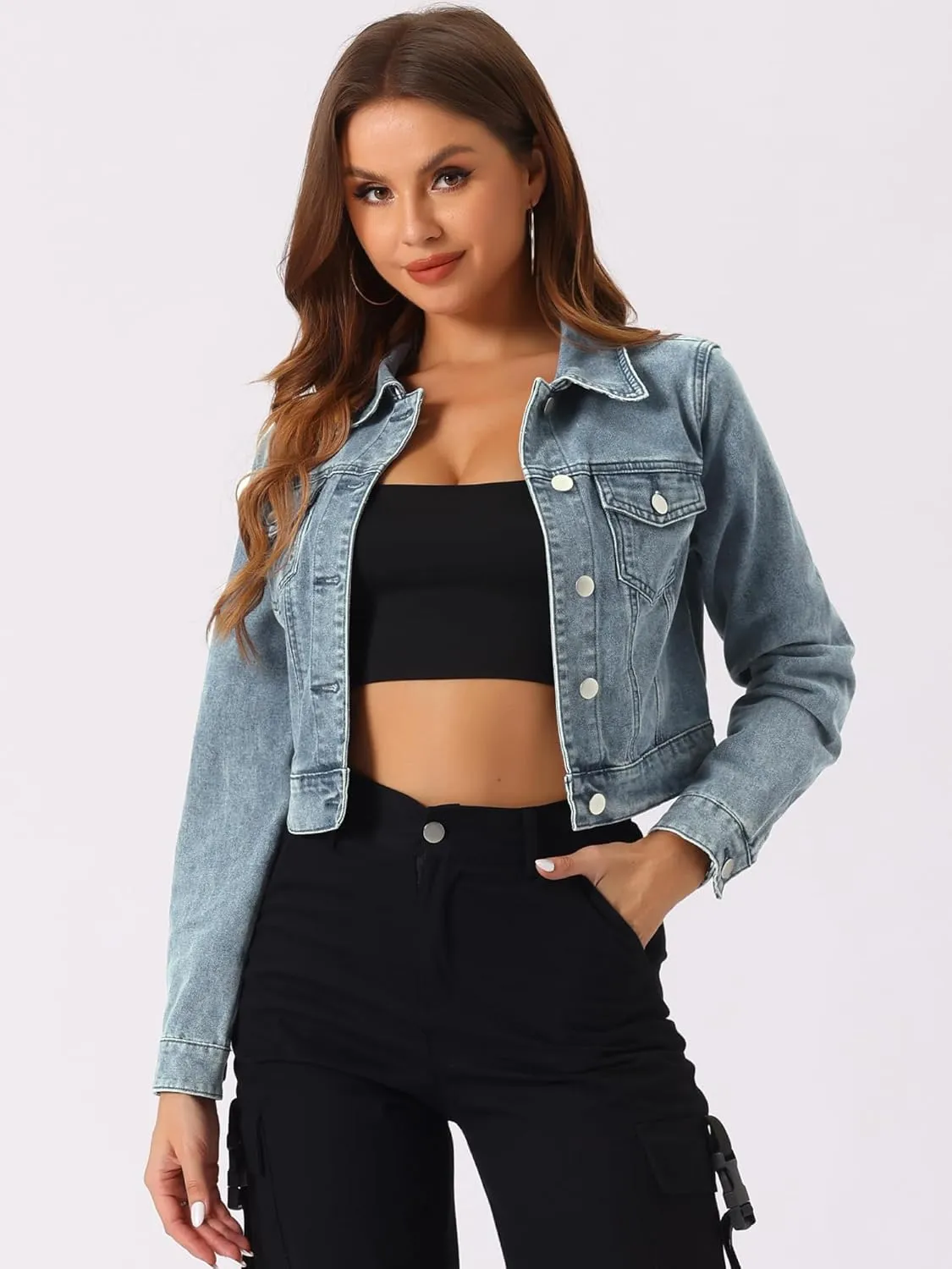 Allegra K Women's Button Down Denim Jacket Check Cuffs Casual Cropped Jean Jackets