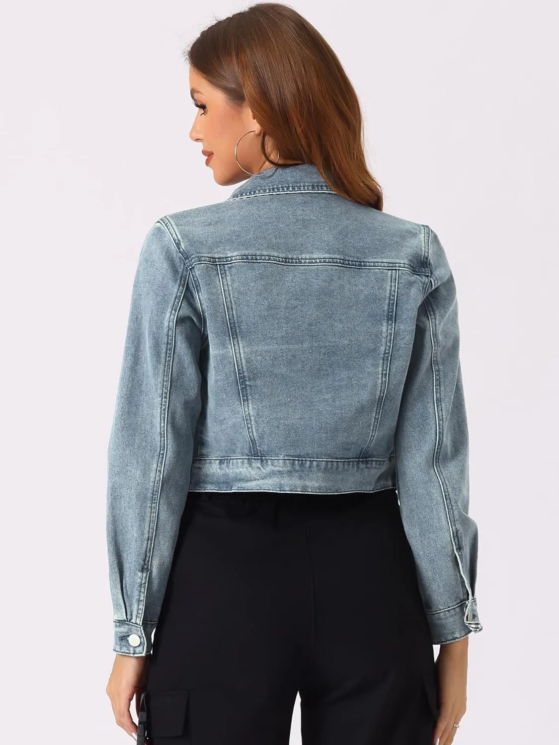 Allegra K Women's Button Down Denim Jacket Check Cuffs Casual Cropped Jean Jackets