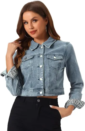 Allegra K Women's Button Down Denim Jacket Check Cuffs Casual Cropped Jean Jackets