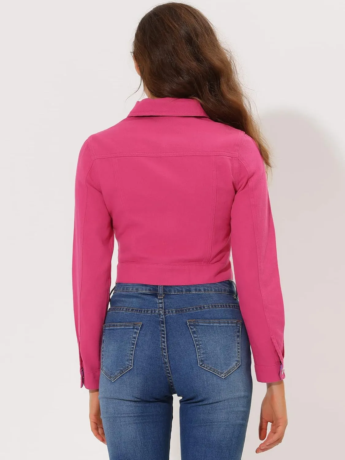 Allegra K Women's Button Down Denim Jacket Check Cuffs Casual Cropped Jean Jackets