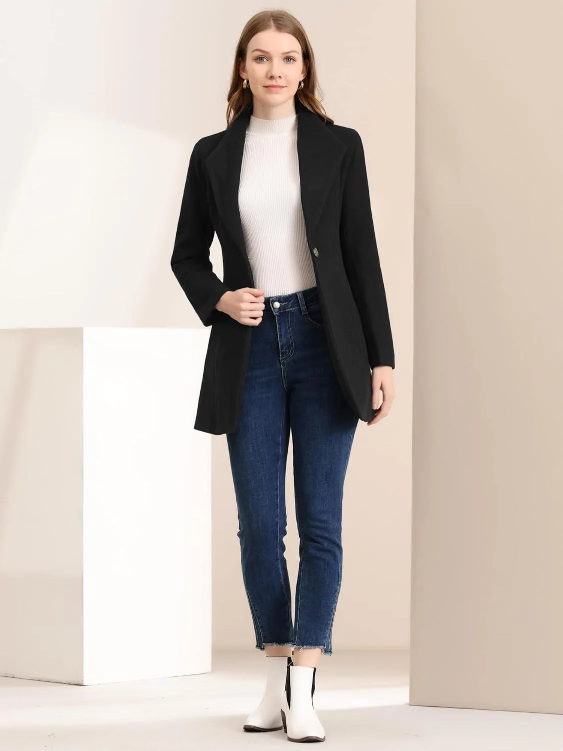 Allegra K Women's Lapel Collar Buttoned Outwear Elegant Work Notch Trench Winter Coats