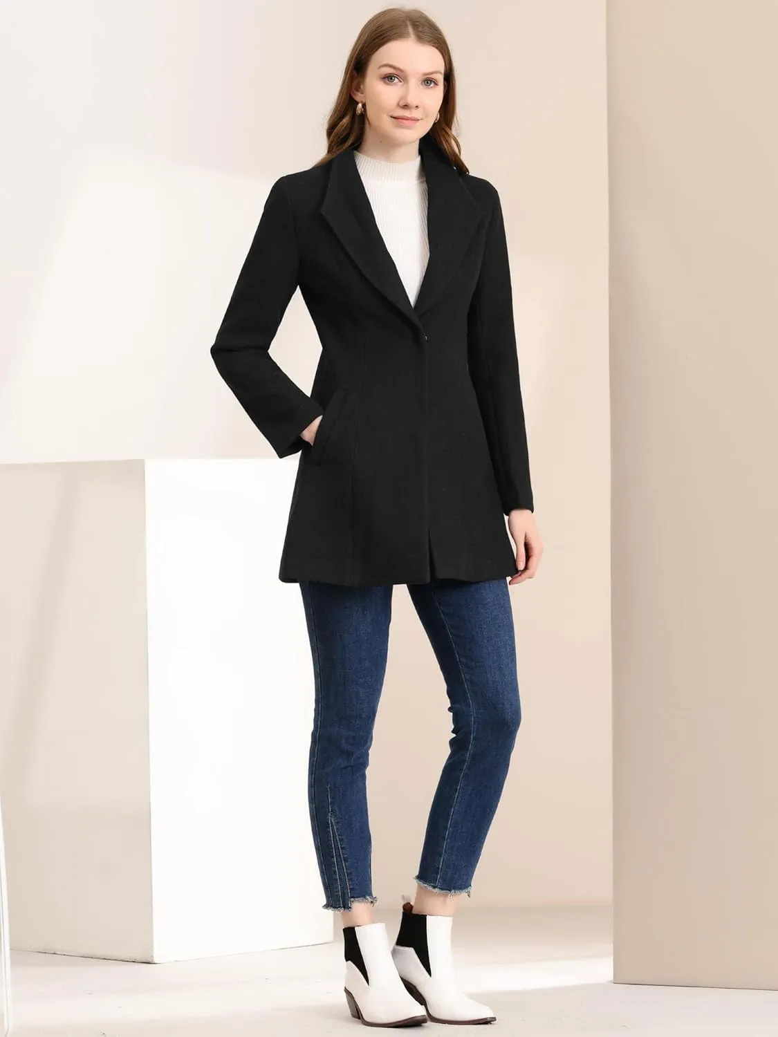 Allegra K Women's Lapel Collar Buttoned Outwear Elegant Work Notch Trench Winter Coats
