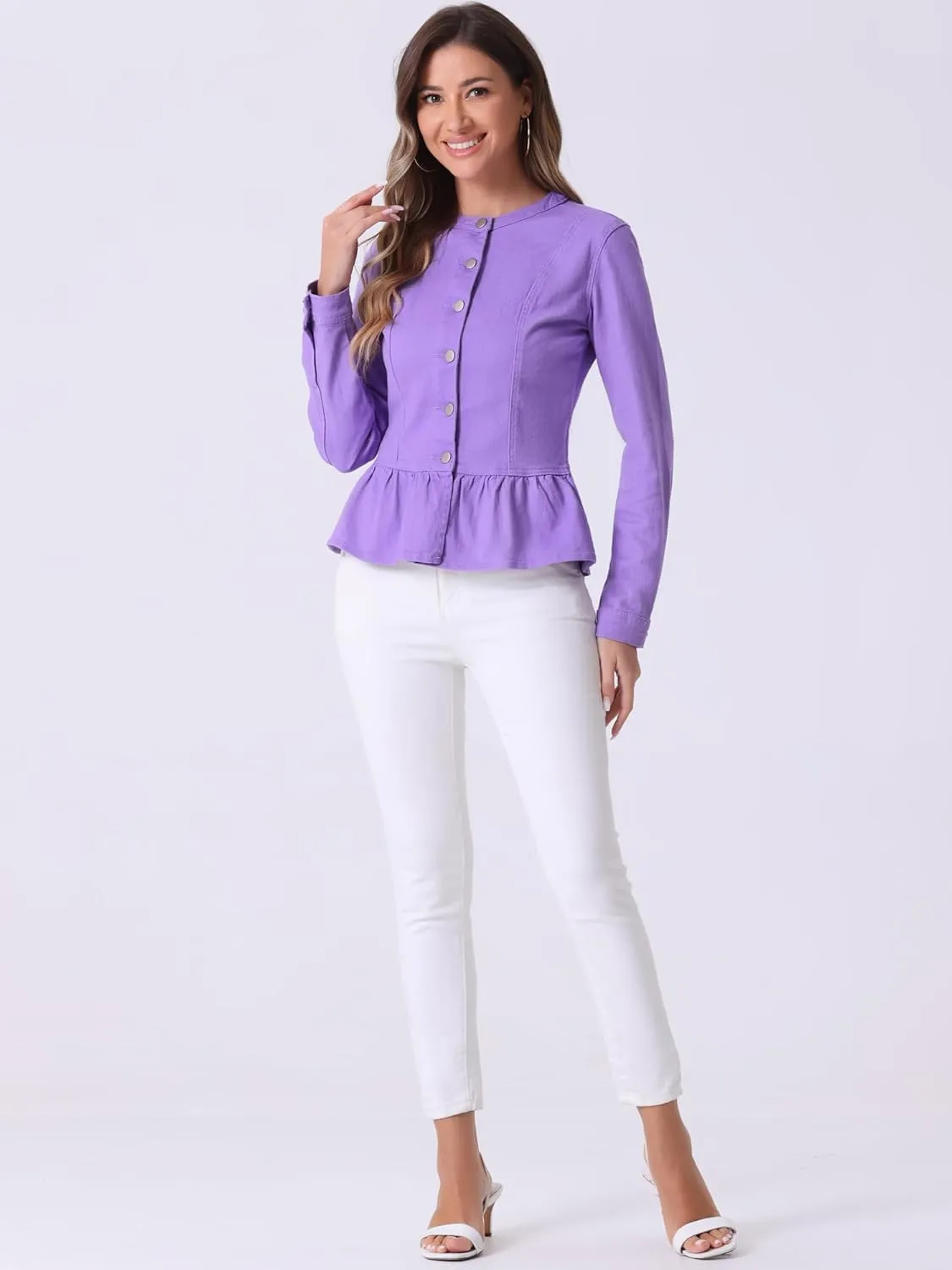 Allegra K Women's Peplum Denim Jackets Collarless Round Neck Button Down Cropped Ruffle Hem Jacket