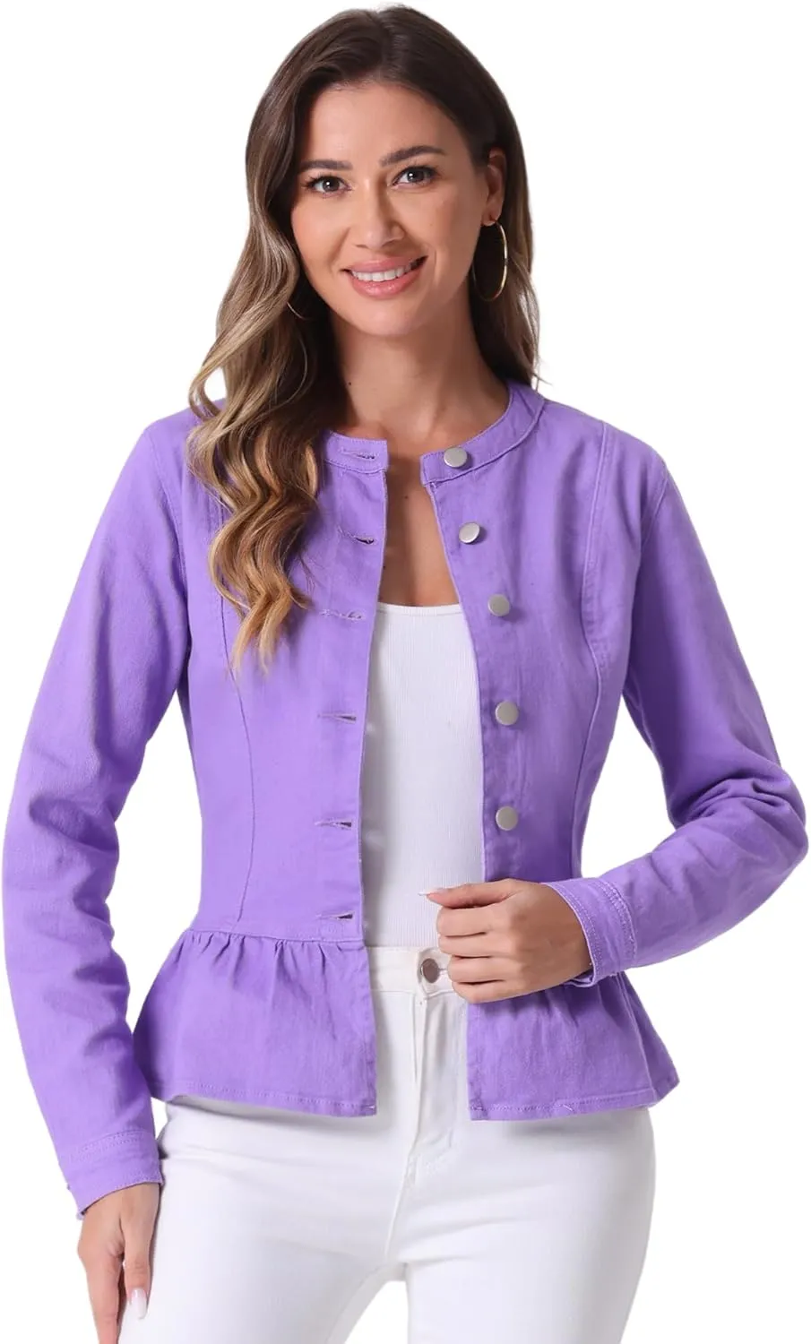 Allegra K Women's Peplum Denim Jackets Collarless Round Neck Button Down Cropped Ruffle Hem Jacket