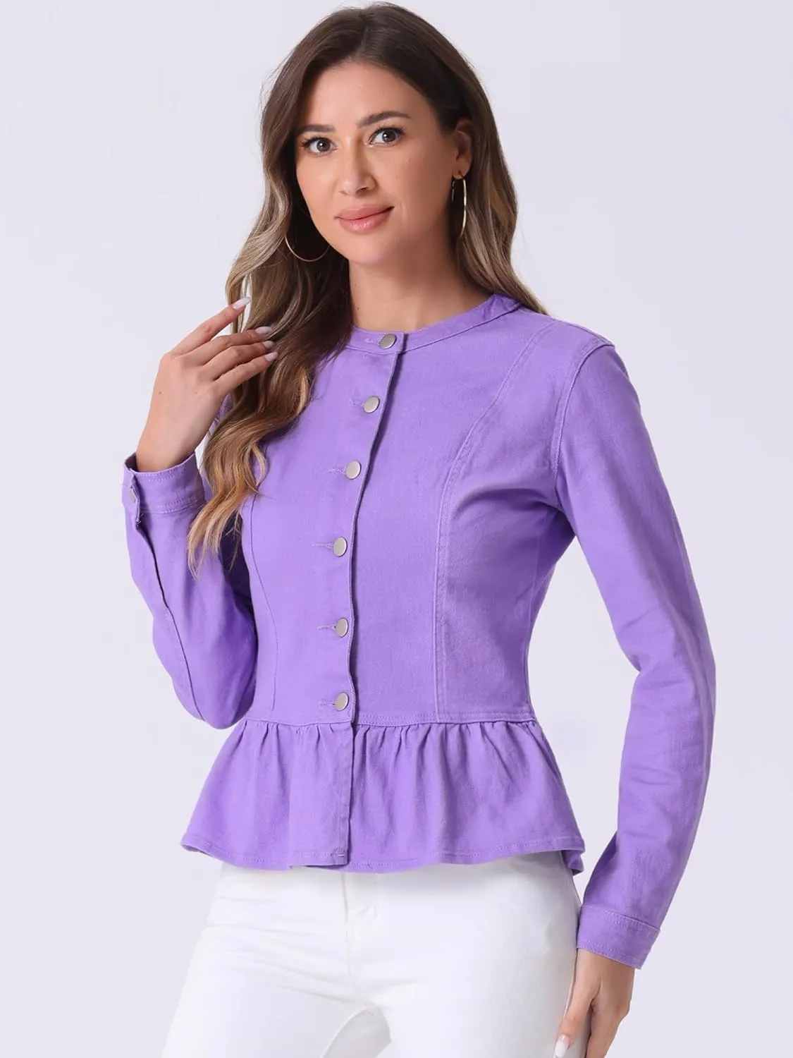 Allegra K Women's Peplum Denim Jackets Collarless Round Neck Button Down Cropped Ruffle Hem Jacket
