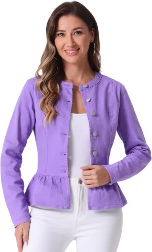 Allegra K Women's Peplum Denim Jackets Collarless Round Neck Button Down Cropped Ruffle Hem Jacket