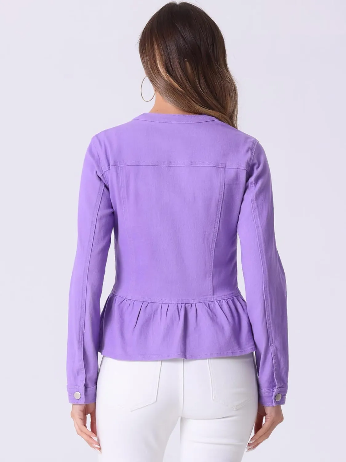 Allegra K Women's Peplum Denim Jackets Collarless Round Neck Button Down Cropped Ruffle Hem Jacket