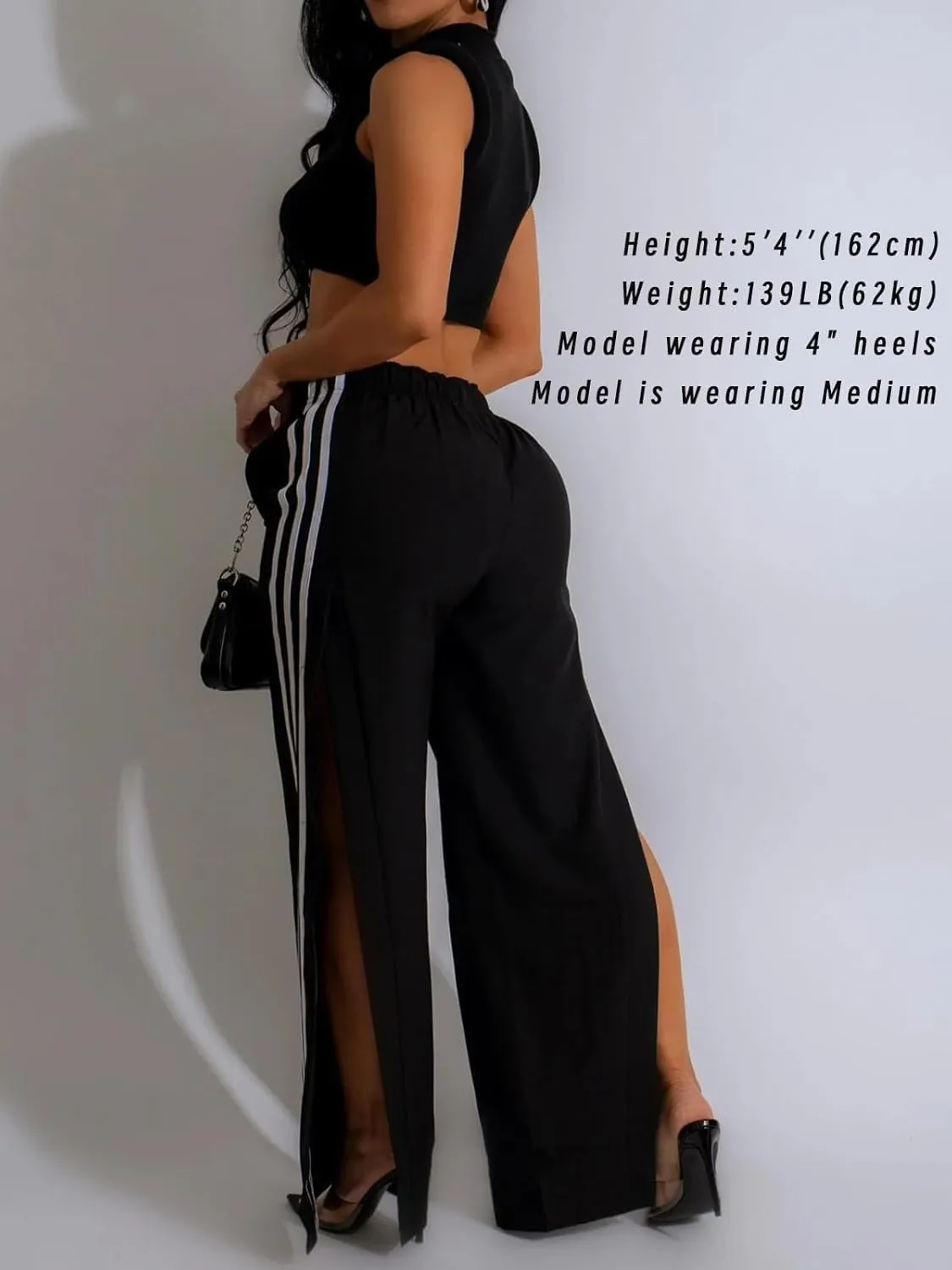 Alunzoem Womens Wide Leg Pants High Waist Striped Side Slit Stretch Casual Loose Drawstring Pant Trousers