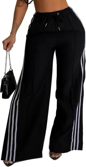 Alunzoem Womens Wide Leg Pants High Waist Striped Side Slit Stretch Casual Loose Drawstring Pant Trousers