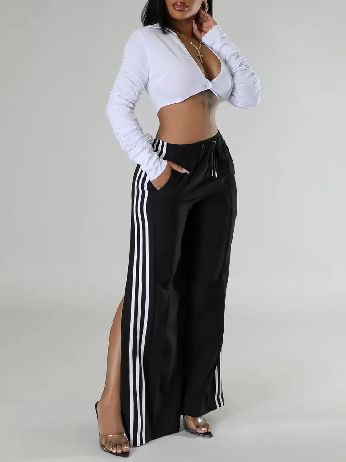 Alunzoem Womens Wide Leg Pants High Waist Striped Side Slit Stretch Casual Loose Drawstring Pant Trousers