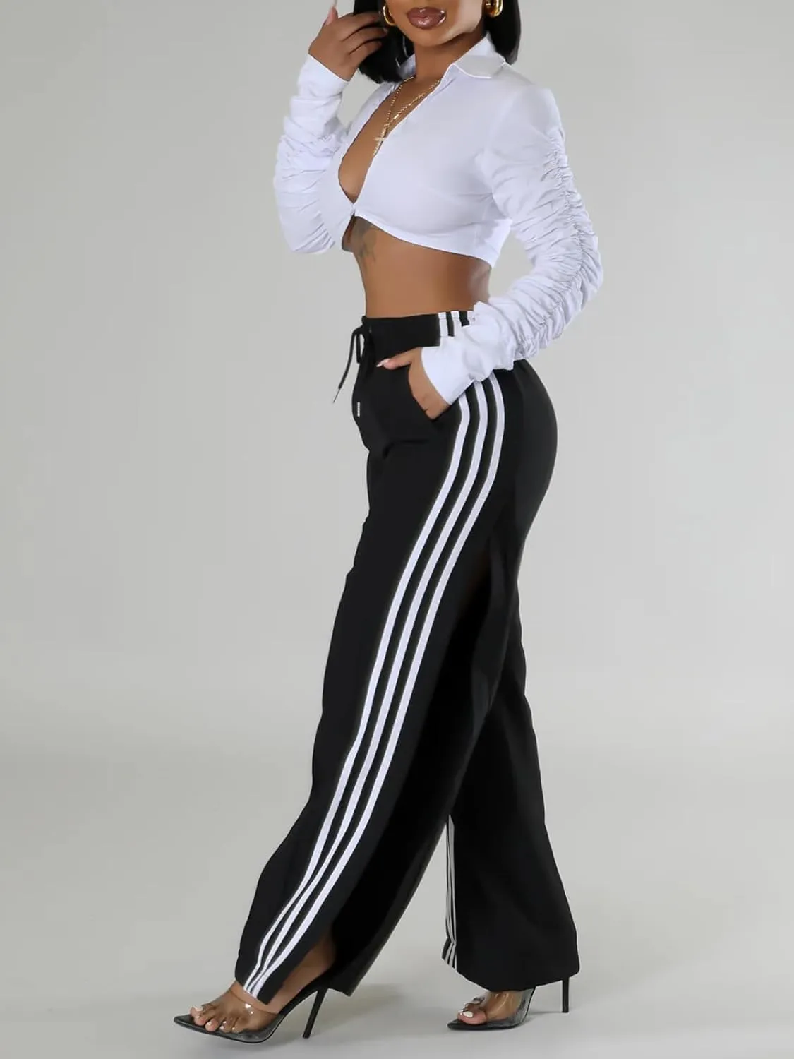 Alunzoem Womens Wide Leg Pants High Waist Striped Side Slit Stretch Casual Loose Drawstring Pant Trousers