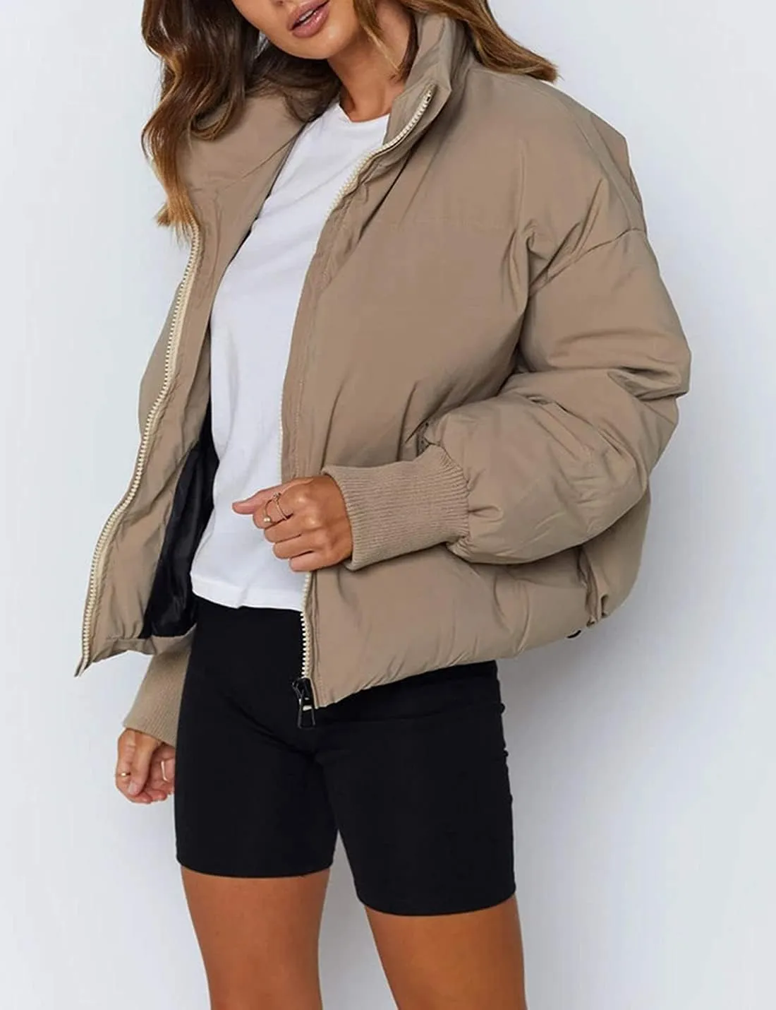 AMEBELLE Women Winter Thermal Baggy Stand Collar Full Zip Puffer Down Coats Jacket