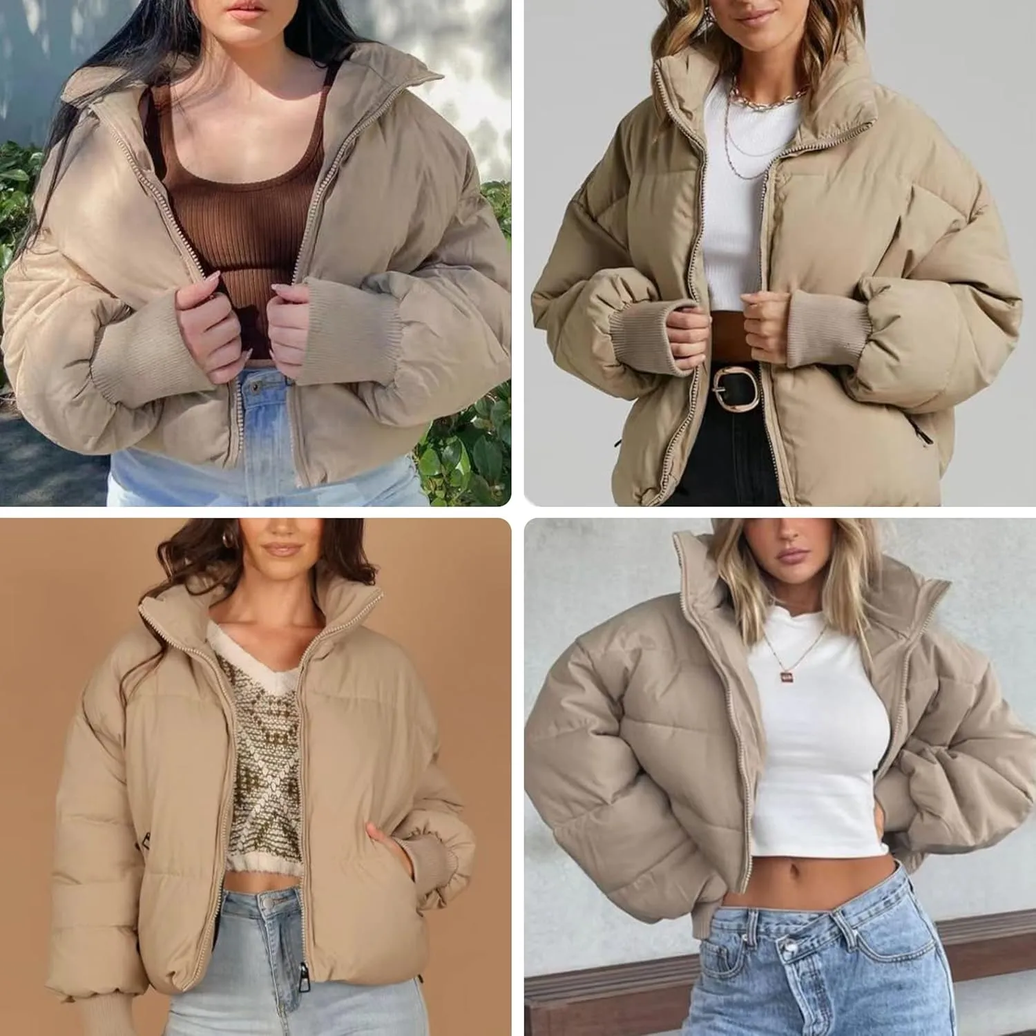 AMEBELLE Women Winter Thermal Baggy Stand Collar Full Zip Puffer Down Coats Jacket
