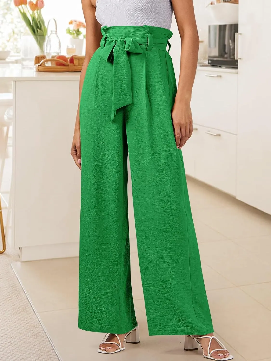 ANRABESS Womens Wide Leg Palazzo Pants Belted High Waisted Business Casual Flowy Long Trousers with Pockets