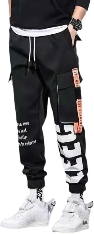 Aoleaky Casual Men's Streetwear Slim Fit Spring Cargo Pants with Ribbons Harem Jogging Pants Featuring Multiple Pockets