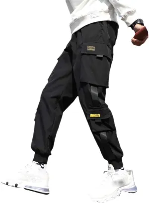 Aoleaky Casual Men's Streetwear Slim Fit Spring Cargo Pants with Ribbons Harem Jogging Pants Featuring Multiple Pockets