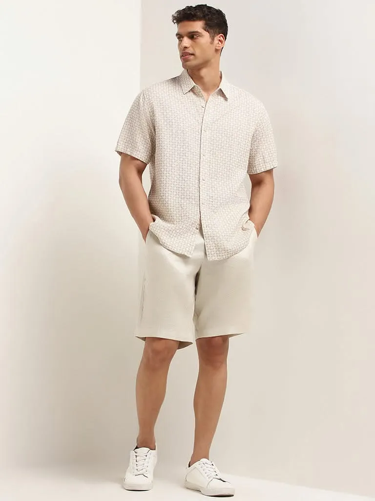 Ascot Solid Cream Mid Rise Relaxed Fit Linen Shorts