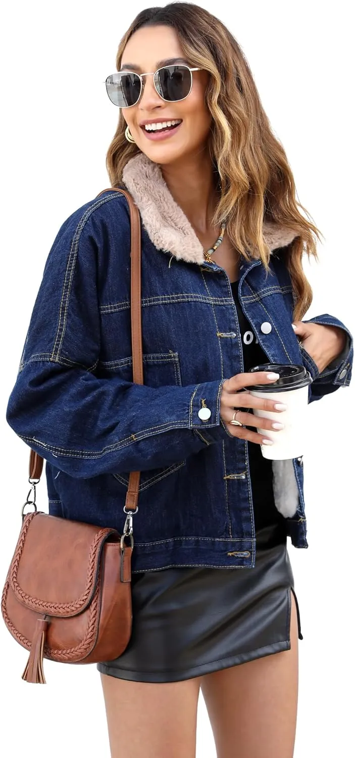 Atnlewhi Women's Retro Sherpa Lined Warm Denim Jean Jacket Thicker Jacket Coats with Pockets
