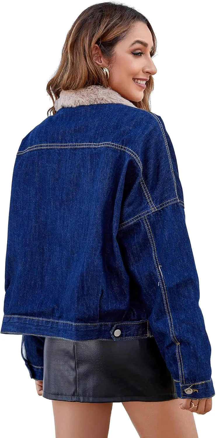 Atnlewhi Women's Retro Sherpa Lined Warm Denim Jean Jacket Thicker Jacket Coats with Pockets
