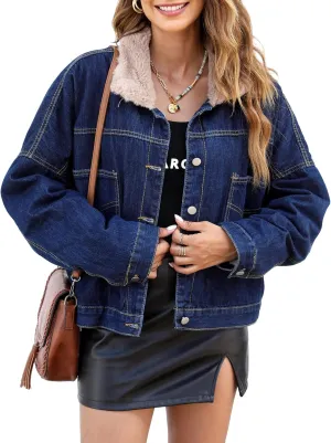 Atnlewhi Women's Retro Sherpa Lined Warm Denim Jean Jacket Thicker Jacket Coats with Pockets
