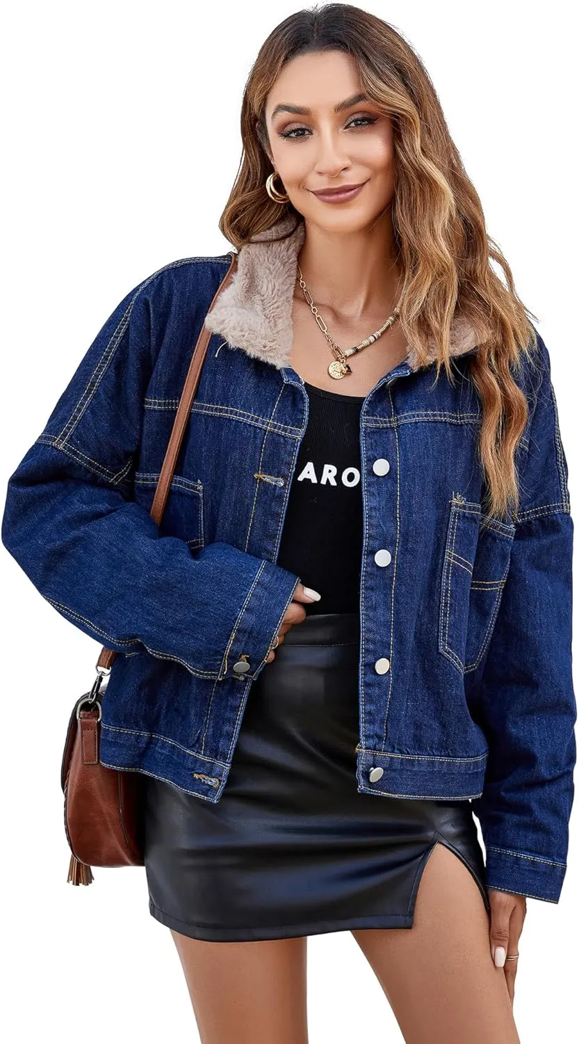 Atnlewhi Women's Retro Sherpa Lined Warm Denim Jean Jacket Thicker Jacket Coats with Pockets