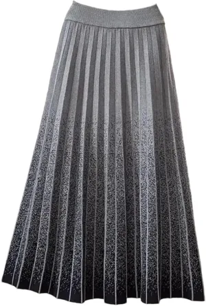 Autumn Winter Gradient Knitted Midi Pleated Skirt Women Elastic High Waist A-Line Skirt